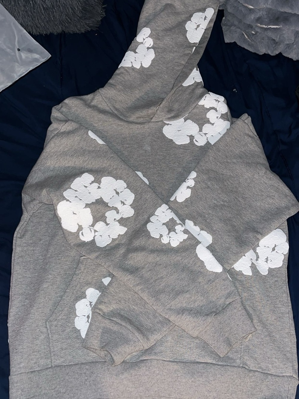 Grey and White Denim Tear Hoodie